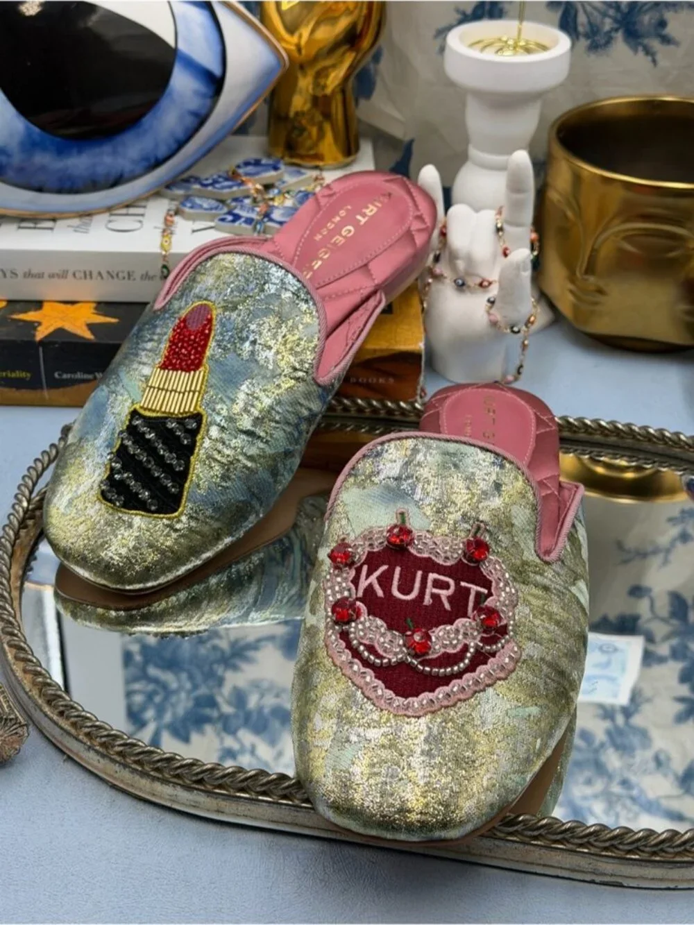 🆕 KURT GEIGER LONDON 🧿 NWOB Pink Embroidered Slipper Shoes - Sz 37 US 7 - Picture 9 of 16